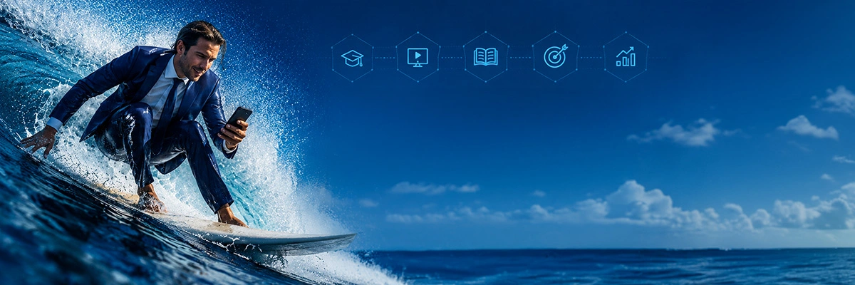 Un homme en costume surfe avec aisance tout en navigjant sur son smartphone.