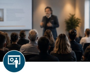 Un auditoire assiste à une conférence dédiée à l'IA