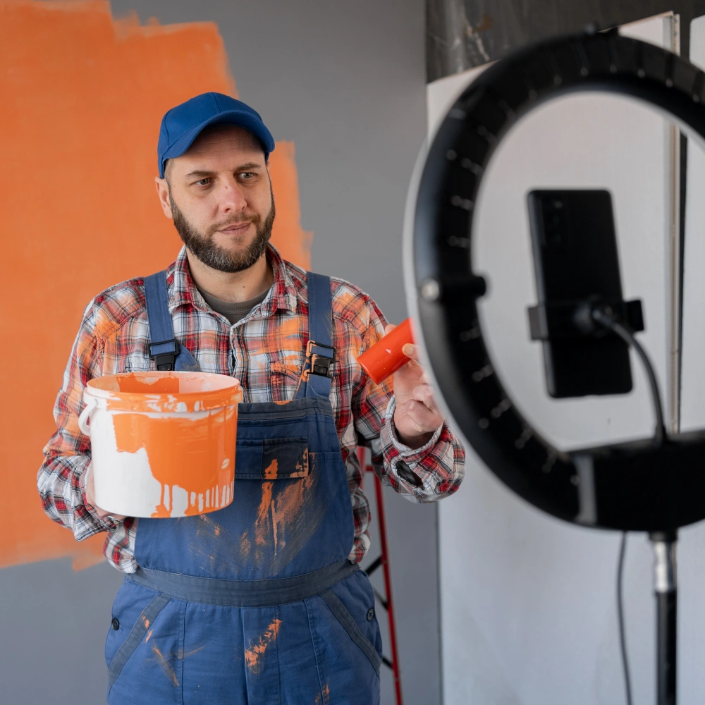 Un artisan enregistre un tuto avec un smartphone et un selfie ring.
