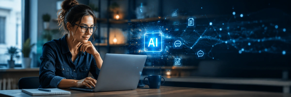 Une femme utilise l'IA sur son ordinateur pour son activité professionnelle