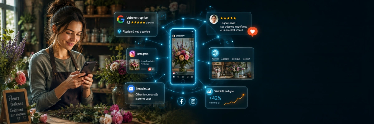 une artisane, fleuriste, gère ses réseaux sociaux et sa présence en ligne.