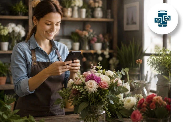 Une fleuriste filme une composition florale pour diffuser sur les réseaux sociaux.