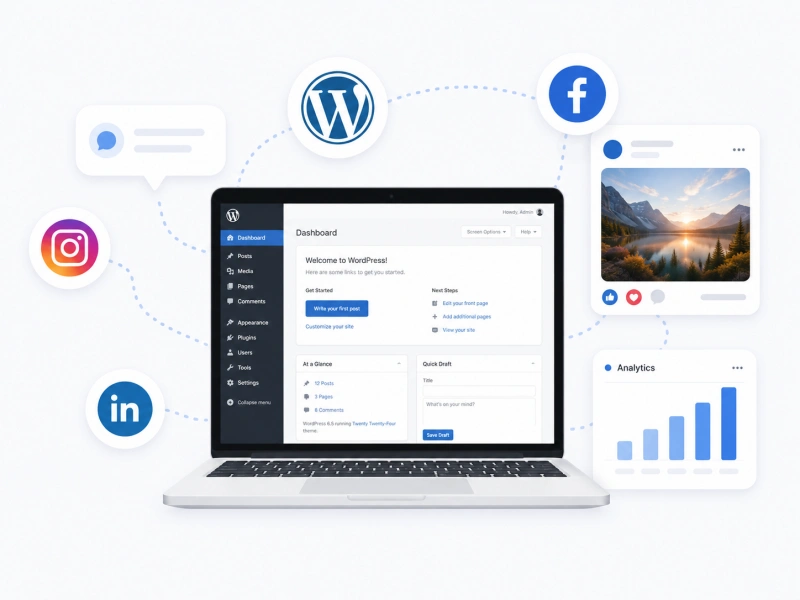 Un tableau de bord WordPress entouré de logos de réseaux sociaux, d'une publication et de statistiques.