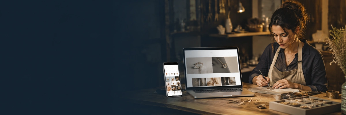Une joaillière qui fabrique des bijoux tandis que son travail est présenté sur son site Internet et ses réseaux sociaux.